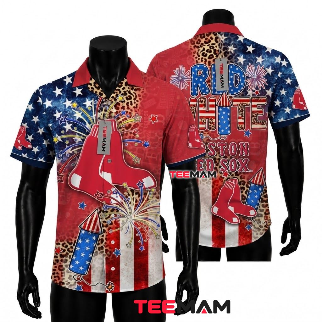 Boston Red Sox Aloha Shirt Fireworks Leopard Print American Flag