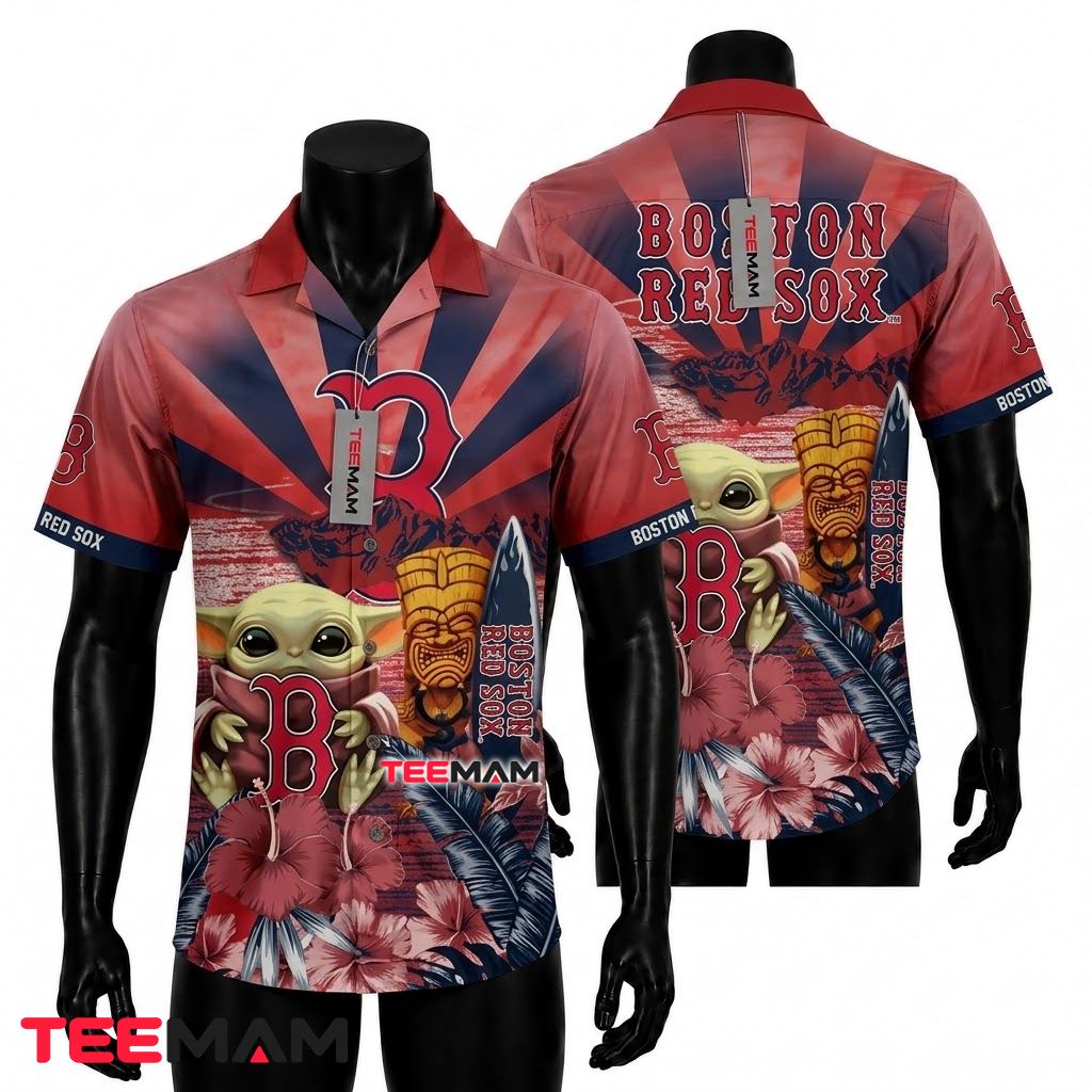 Boston Red Sox Hawaiian Shirt Baby Yoda Tiki Sunset Beach