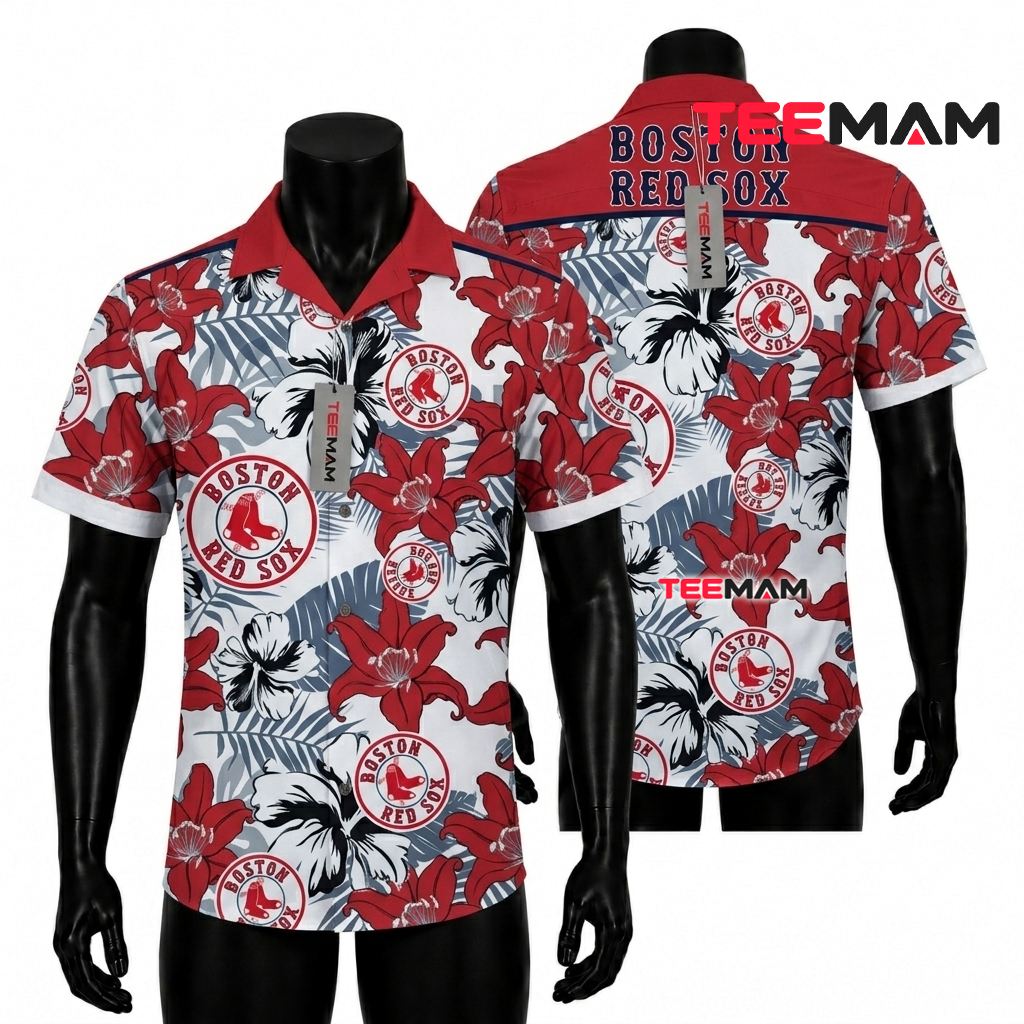 Boston Red Sox Hawaiian Shirt Lily Hibiscus Circle Logo