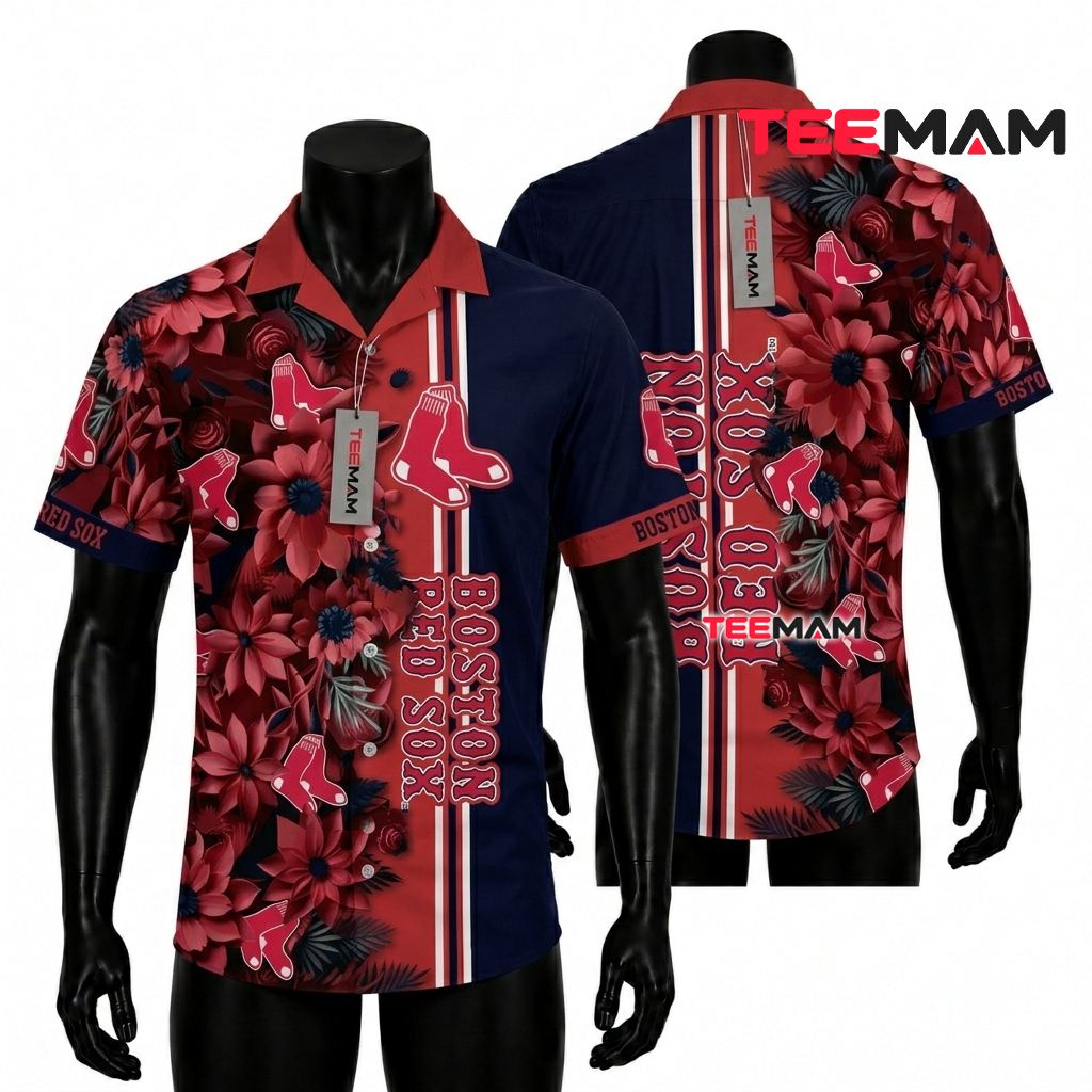 Boston Red Sox Hawaiian Shirt Navy Dahlia Rose Bloom