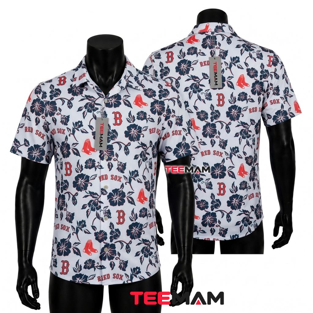 Boston Red Sox Hawaiian Shirt Navy Hibiscus White Print