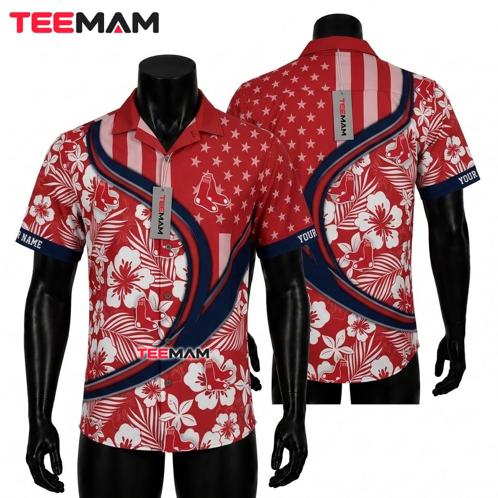 Boston Red Sox Hawaiian Shirt Personalized Hibiscus American Flag