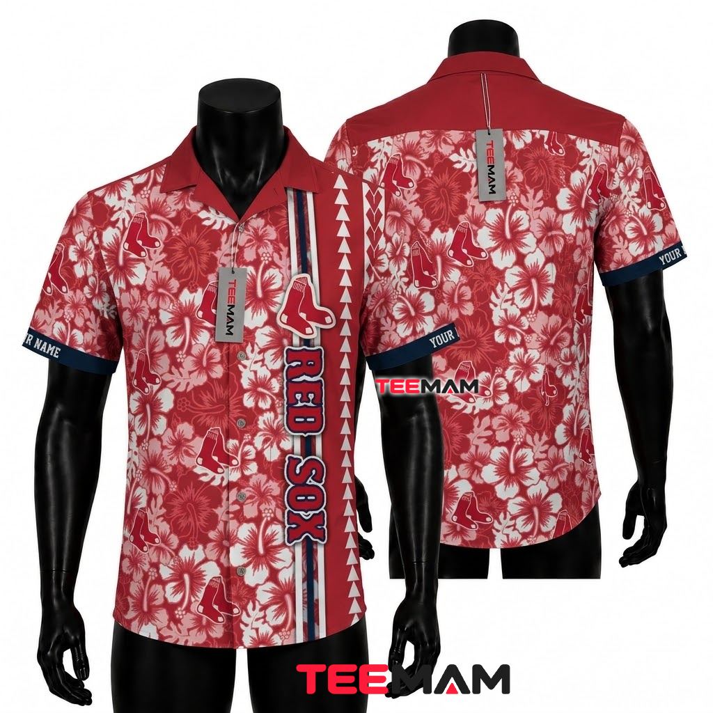 Boston Red Sox Hawaiian Shirt Personalized Name Tribal Stripe