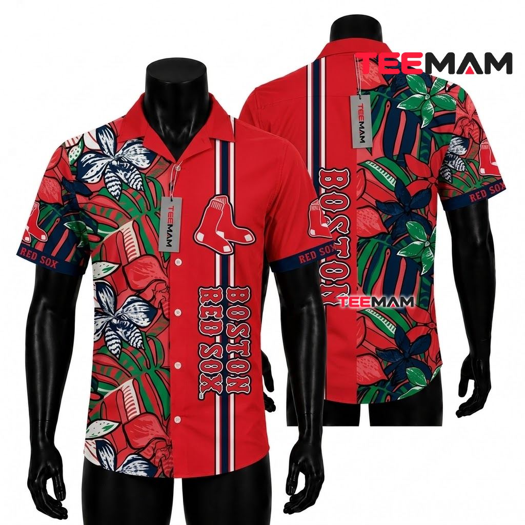 Boston Red Sox Hawaiian Shirt Tropical Leaves Orchid Pattern