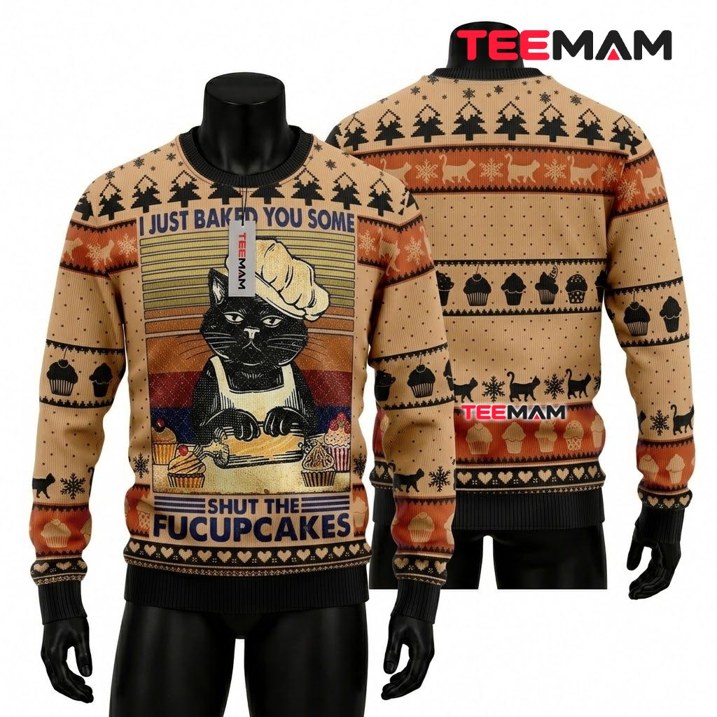 Cat Baker Ugly Christmas Sweater Funny Cupcake Front