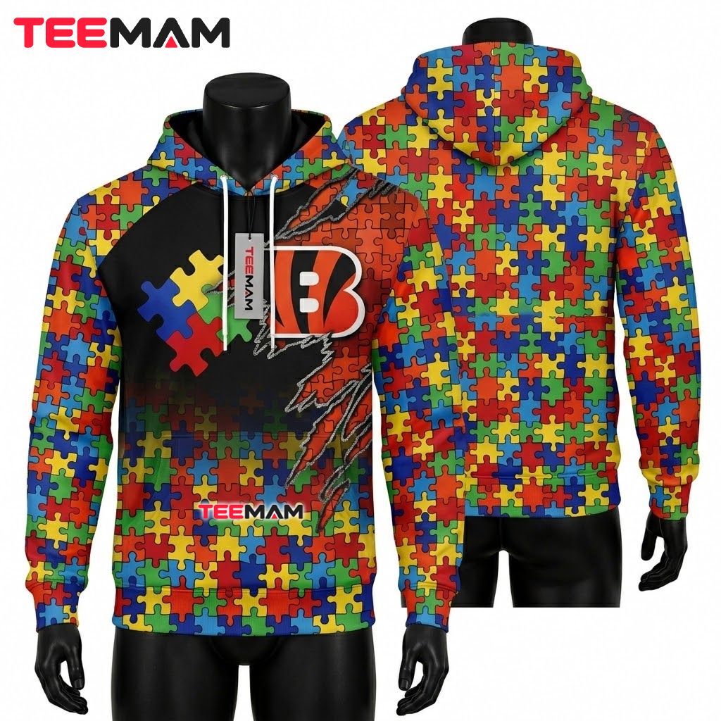 Cincinnati Bengals 3D Hoodie Autism Awareness Puzzle Pattern Front