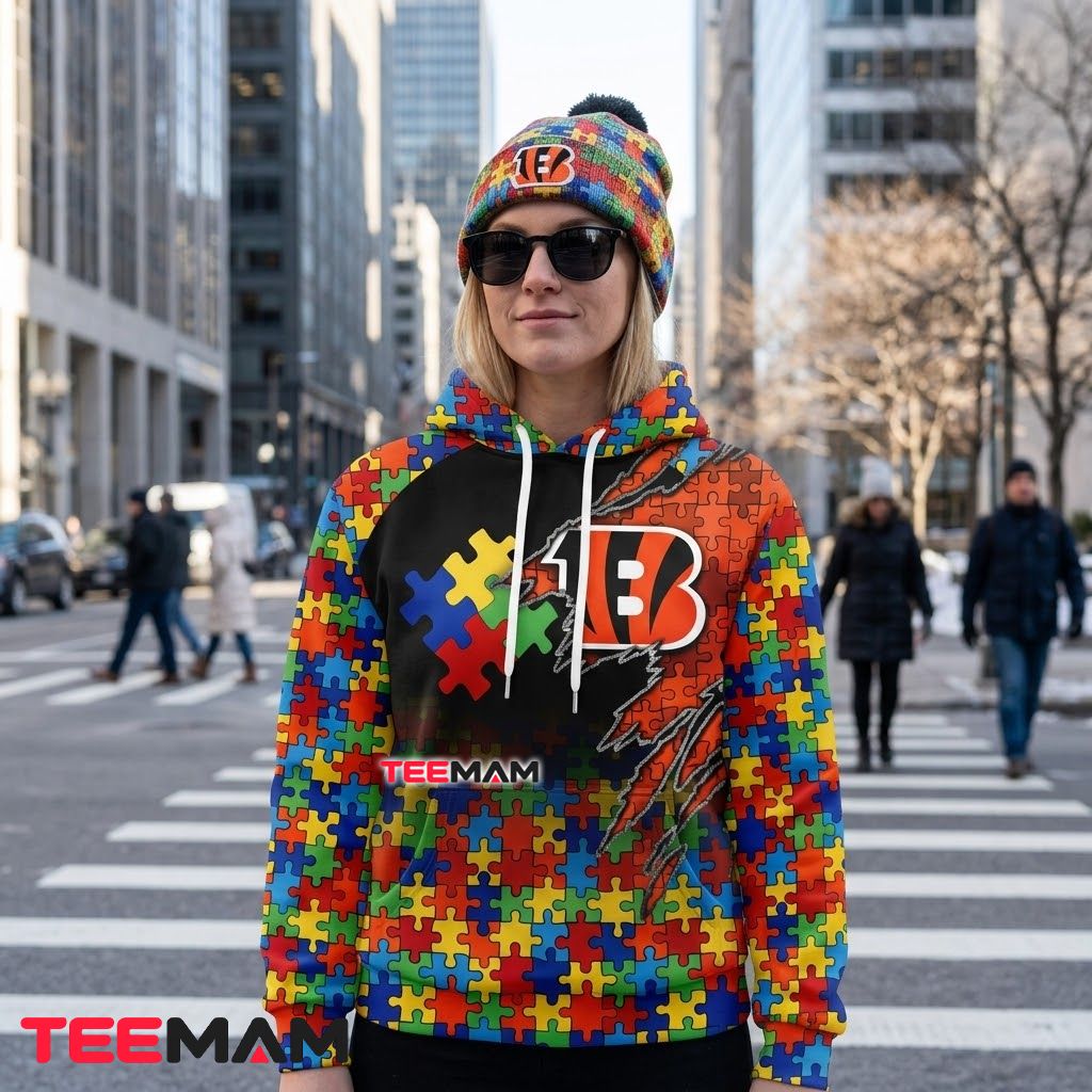 Cincinnati Bengals 3D Hoodie Autism Awareness Puzzle Pattern Back Cincinnati Bengals 3D Hoodie Autism Awareness Puzzle Pattern Back
