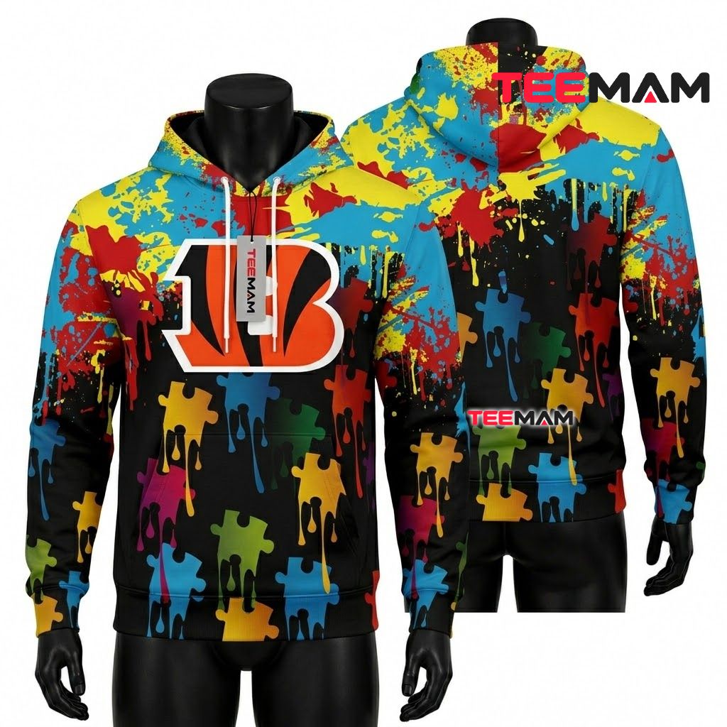 Cincinnati Bengals 3D Hoodie Autism Puzzle Paint Splatter Front