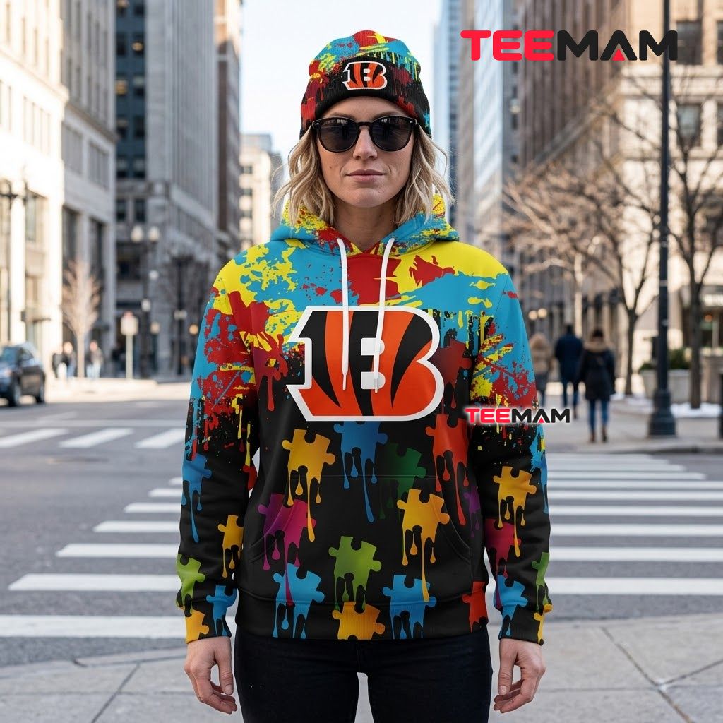 Cincinnati Bengals 3D Hoodie Autism Puzzle Paint Splatter Back Cincinnati Bengals 3D Hoodie Autism Puzzle Paint Splatter Back