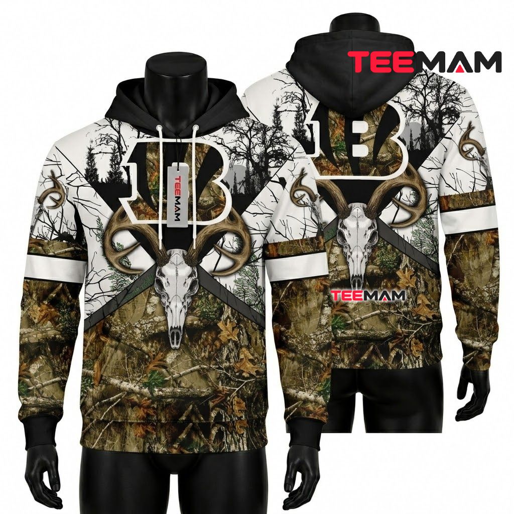 Cincinnati Bengals 3D Hoodie Deer Skull Hunting Camo Front