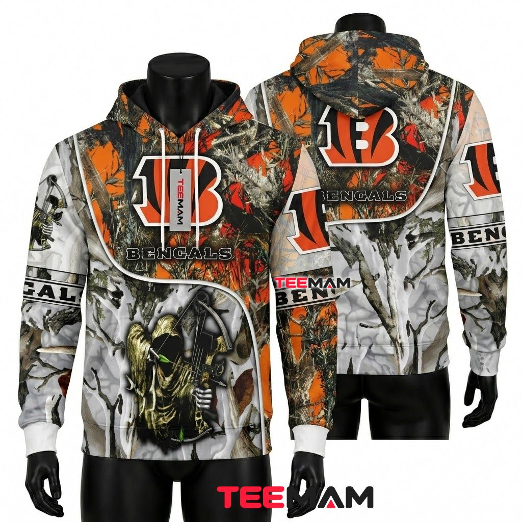 Cincinnati Bengals 3D Hoodie Skull Hunter Crossbow Camo Front
