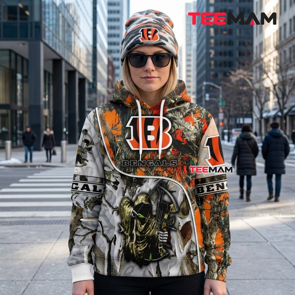 Cincinnati Bengals 3D Hoodie Skull Hunter Crossbow Camo Back Cincinnati Bengals 3D Hoodie Skull Hunter Crossbow Camo Back