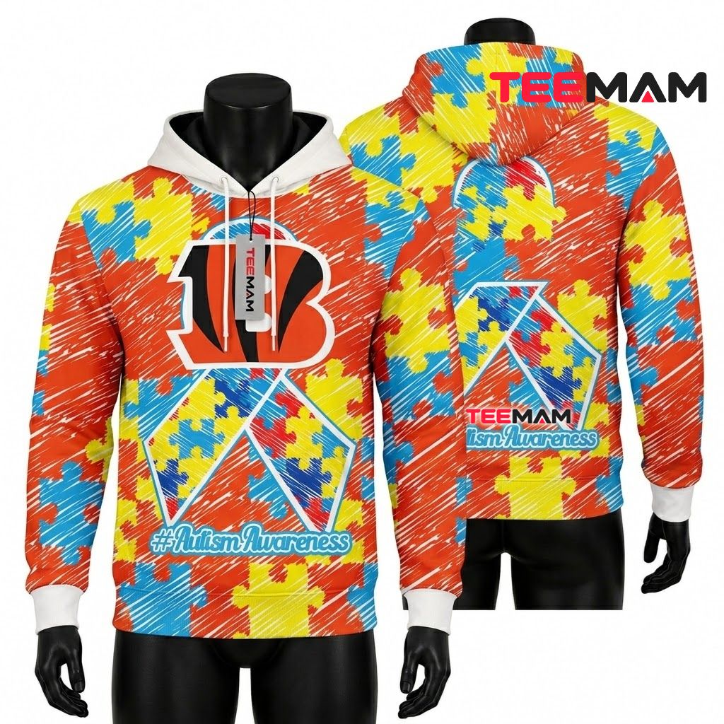 Cincinnati Bengals All Over Print 3D Hoodie Autism Scribble Ribbon Front