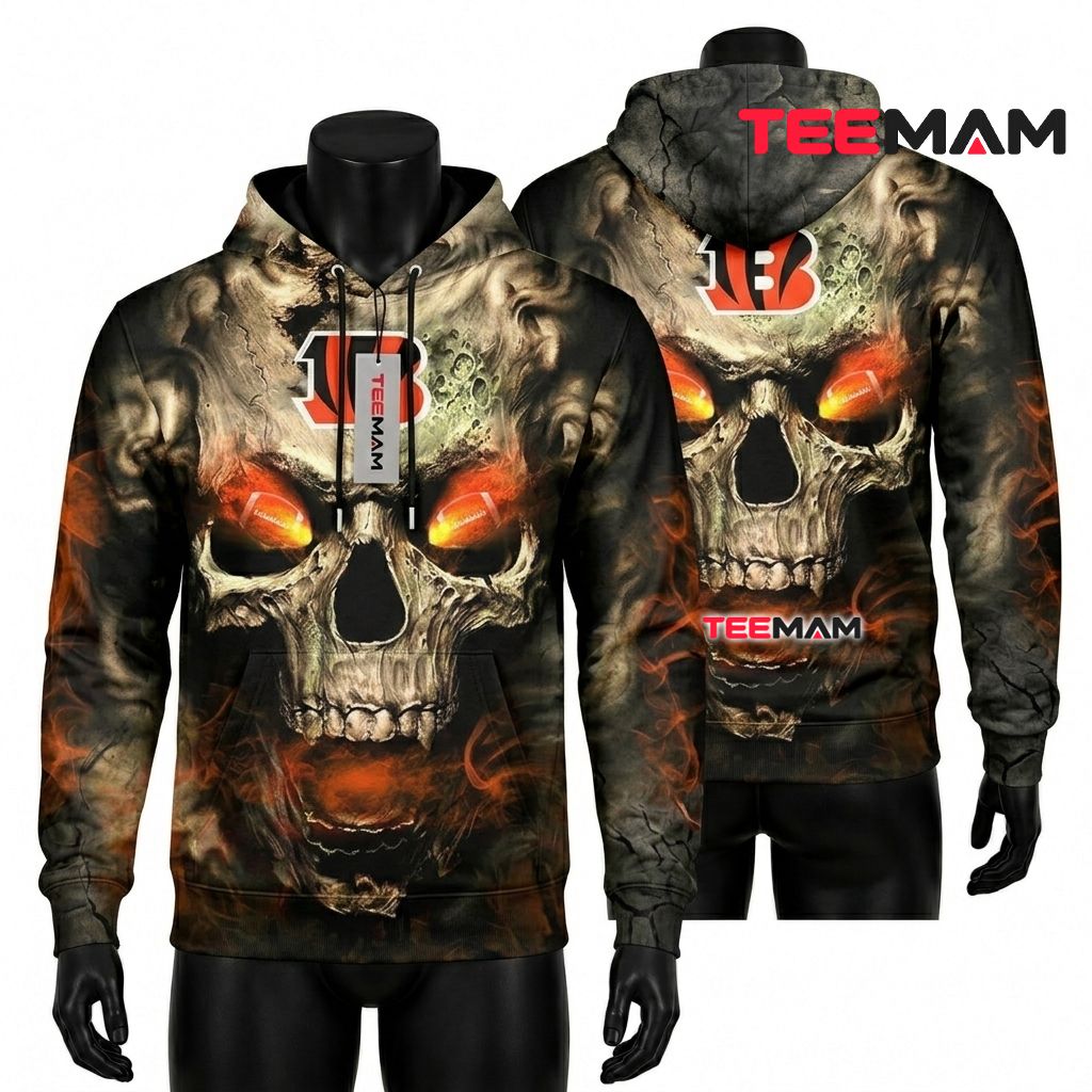 Cincinnati Bengals All Over Print 3D Hoodie Flaming Eyes Smoke Skull Front