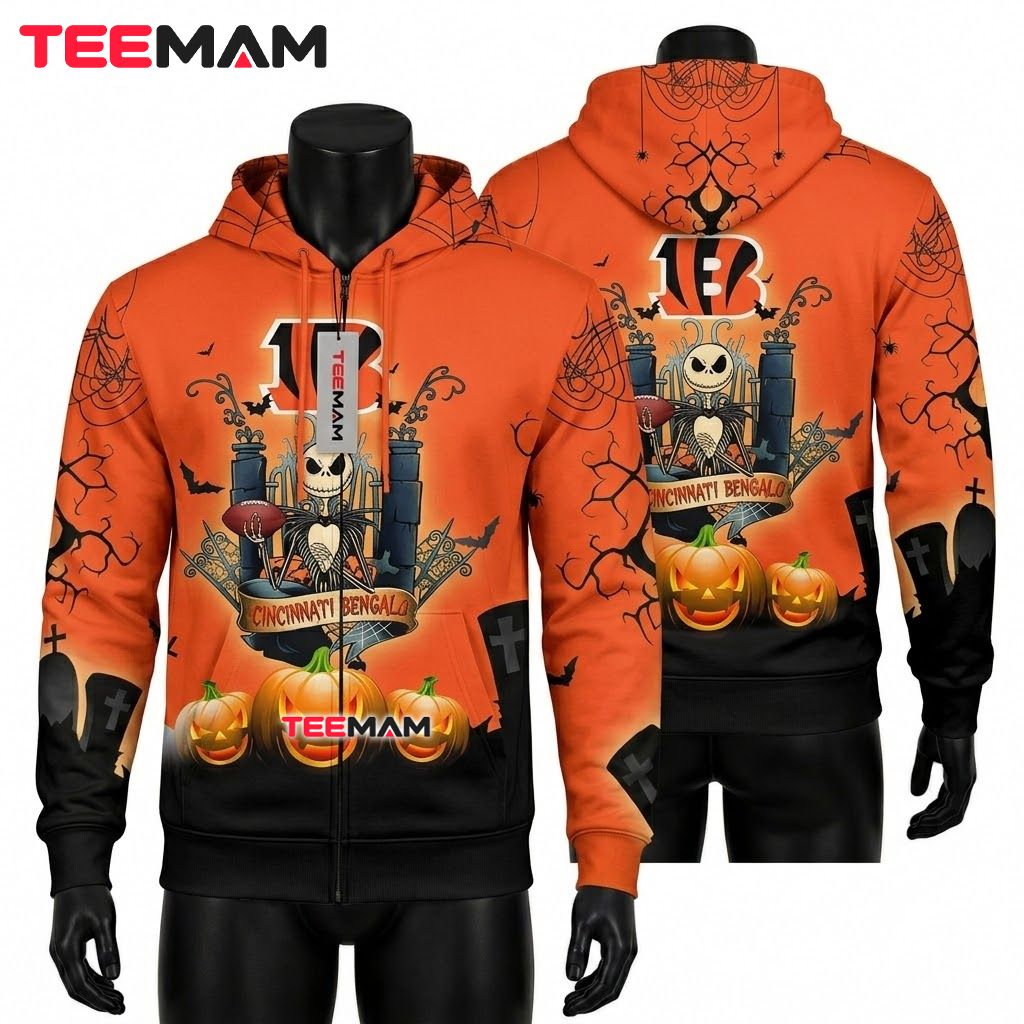 Cincinnati Bengals All Over Print 3D Hoodie Jack Skellington Pumpkin Graveyard Front