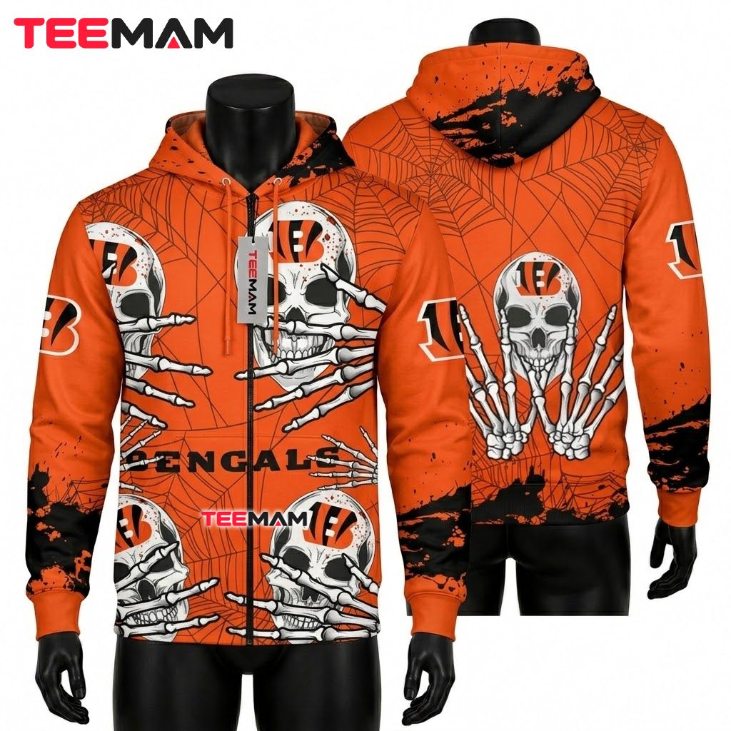 Cincinnati Bengals All Over Print 3D Hoodie Skeleton Hands Spider Web Front