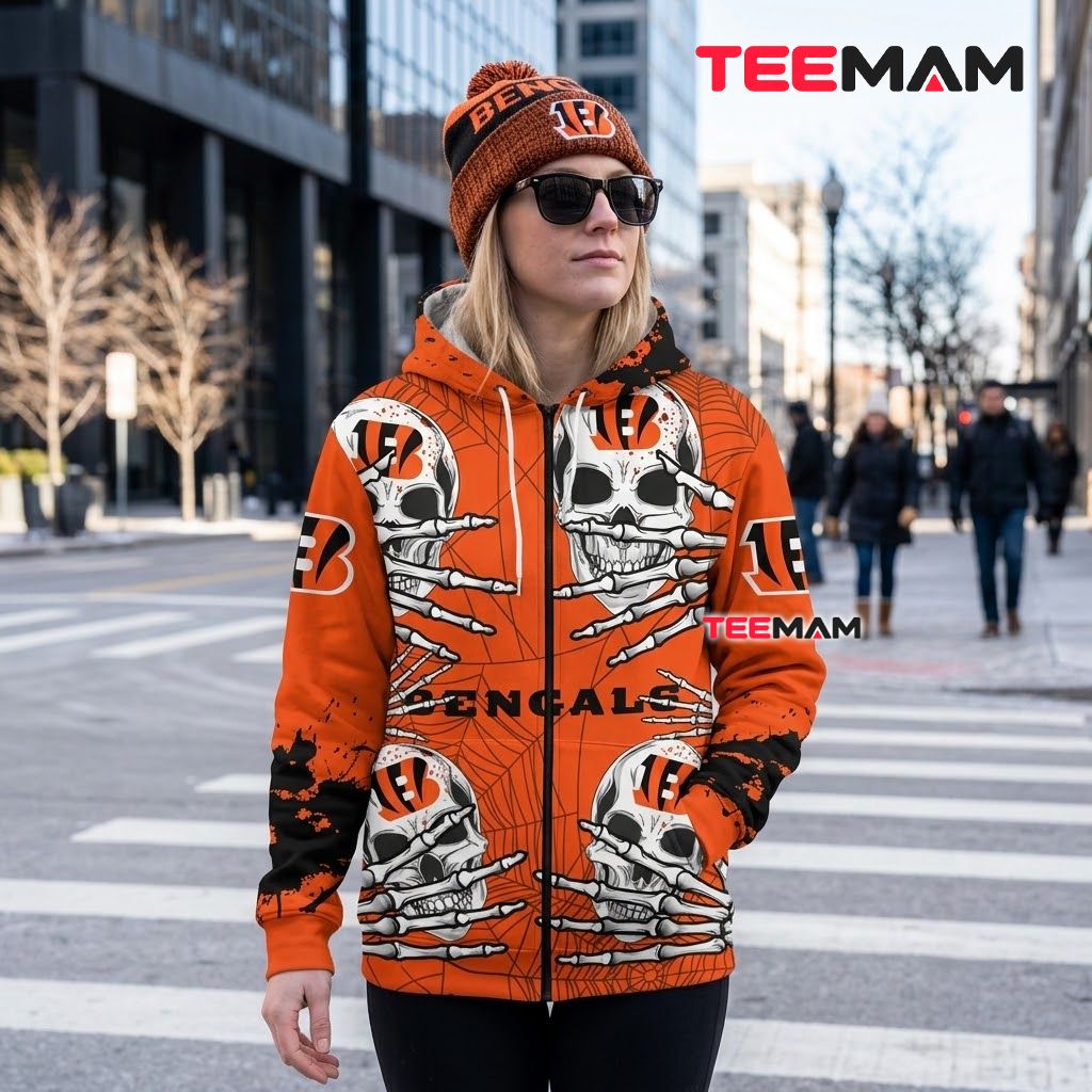 Cincinnati Bengals All Over Print 3D Hoodie Skeleton Hands Spider Web Back Cincinnati Bengals All Over Print 3D Hoodie Skeleton Hands Spider Web Back