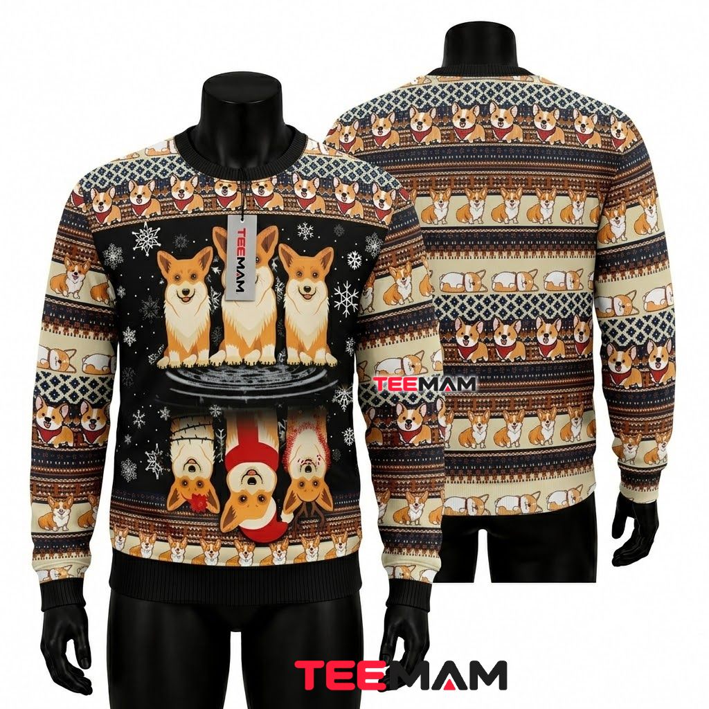 Corgi Ugly Christmas Sweater Water Reflection Santa Front