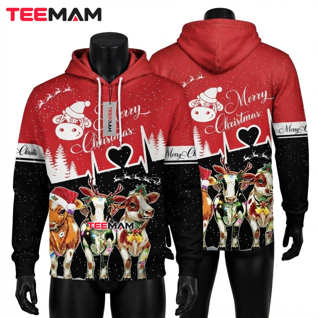 Cow 3D Hoodie Merry Christmas Heartbeat Design Front
