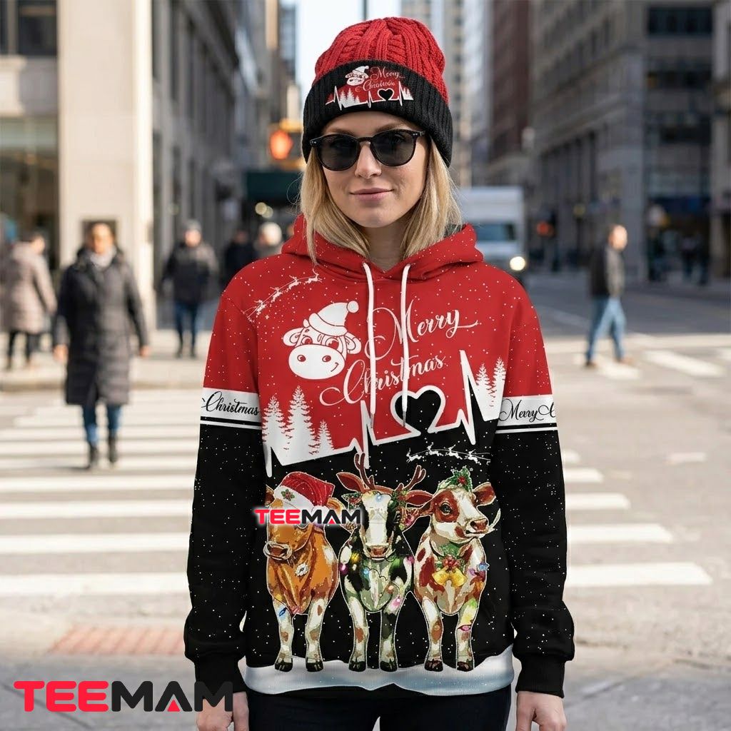 Cow 3D Hoodie Merry Christmas Heartbeat Design Back Cow 3D Hoodie Merry Christmas Heartbeat Design Back
