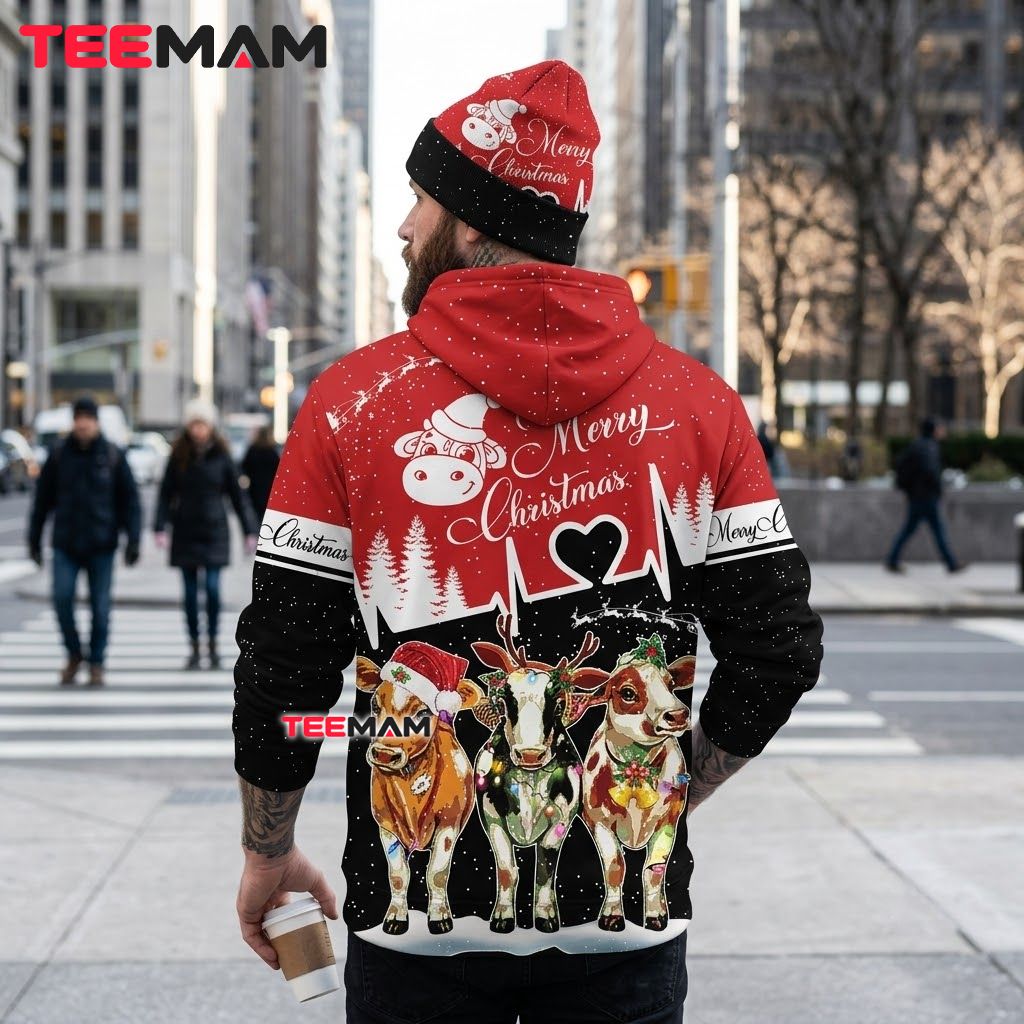 Cow 3D Hoodie Merry Christmas Heartbeat Design Version 3 Cow 3D Hoodie Merry Christmas Heartbeat Design Version 3