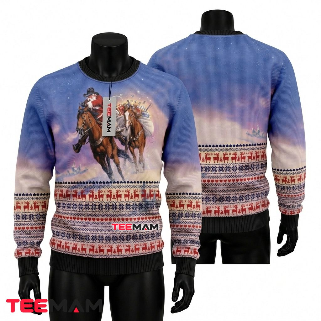 Cowboy Santa Ugly Christmas Sweater Horse Riding Front