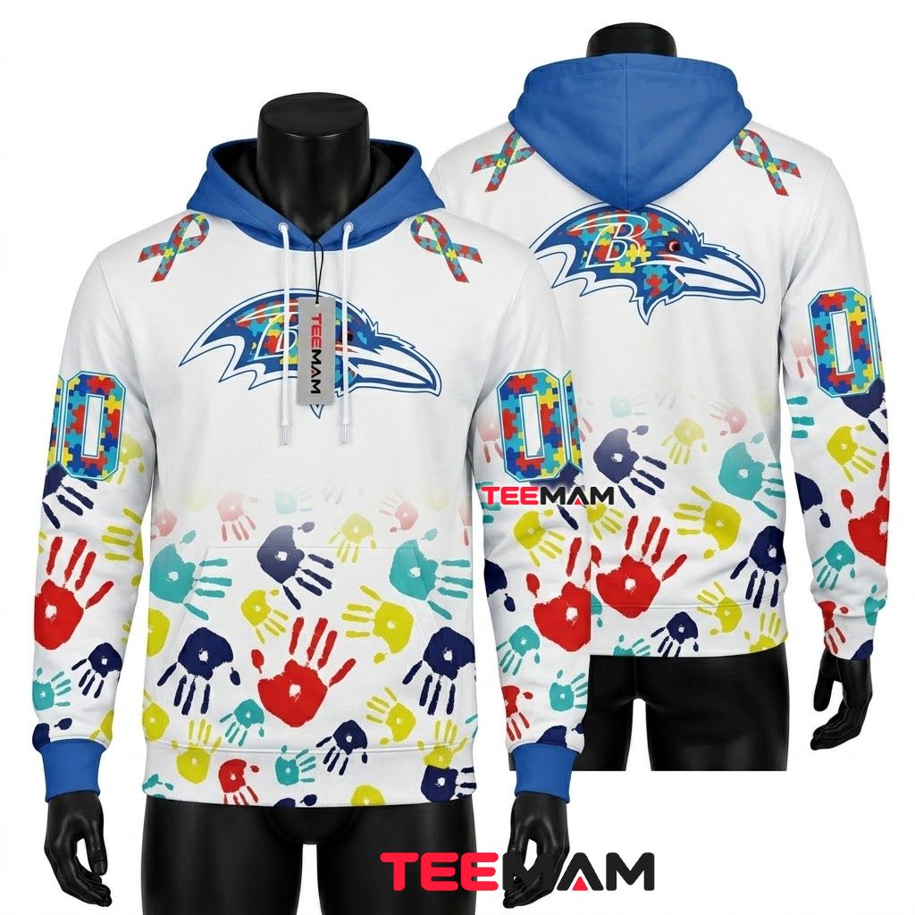 Custom Name Baltimore Ravens 3D Hoodie Autism Awareness Handprint Front