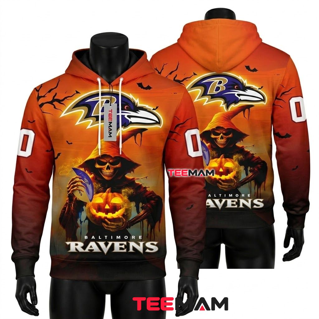 Custom Name Baltimore Ravens 3D Hoodie Grim Reaper Pumpkin Front