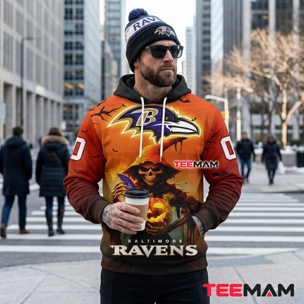 Custom Name Baltimore Ravens 3D Hoodie Grim Reaper Pumpkin Back Custom Name Baltimore Ravens 3D Hoodie Grim Reaper Pumpkin Back
