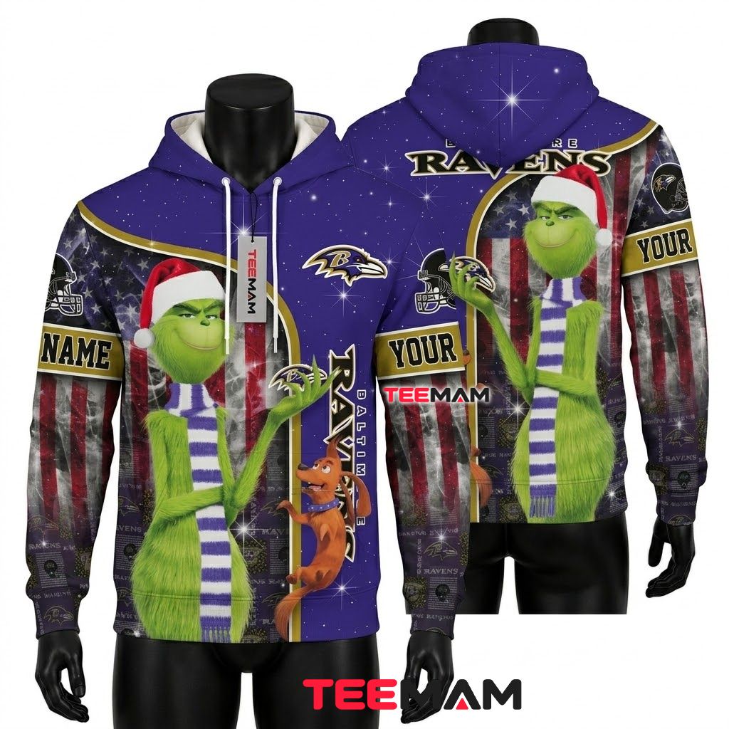 Custom Name Baltimore Ravens 3D Hoodie Grinch Christmas Flag Front