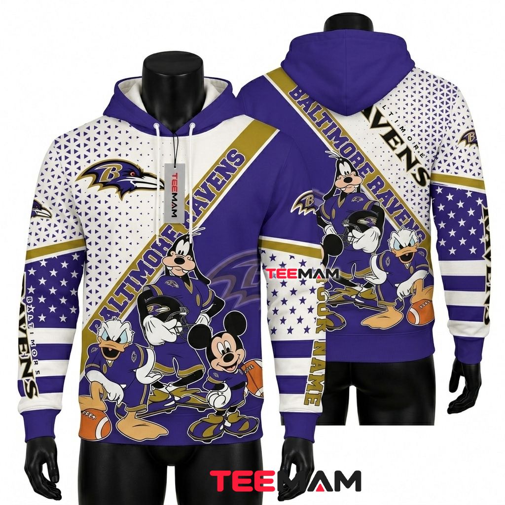 Custom Name Baltimore Ravens 3D Hoodie Mickey Goofy Donald Front