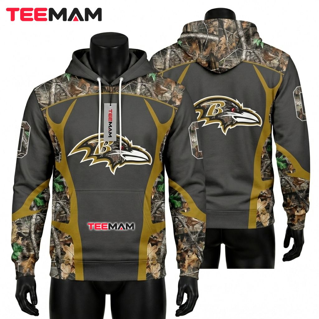Custom Name Baltimore Ravens 3D Hoodie Realtree Hunting Camo Front