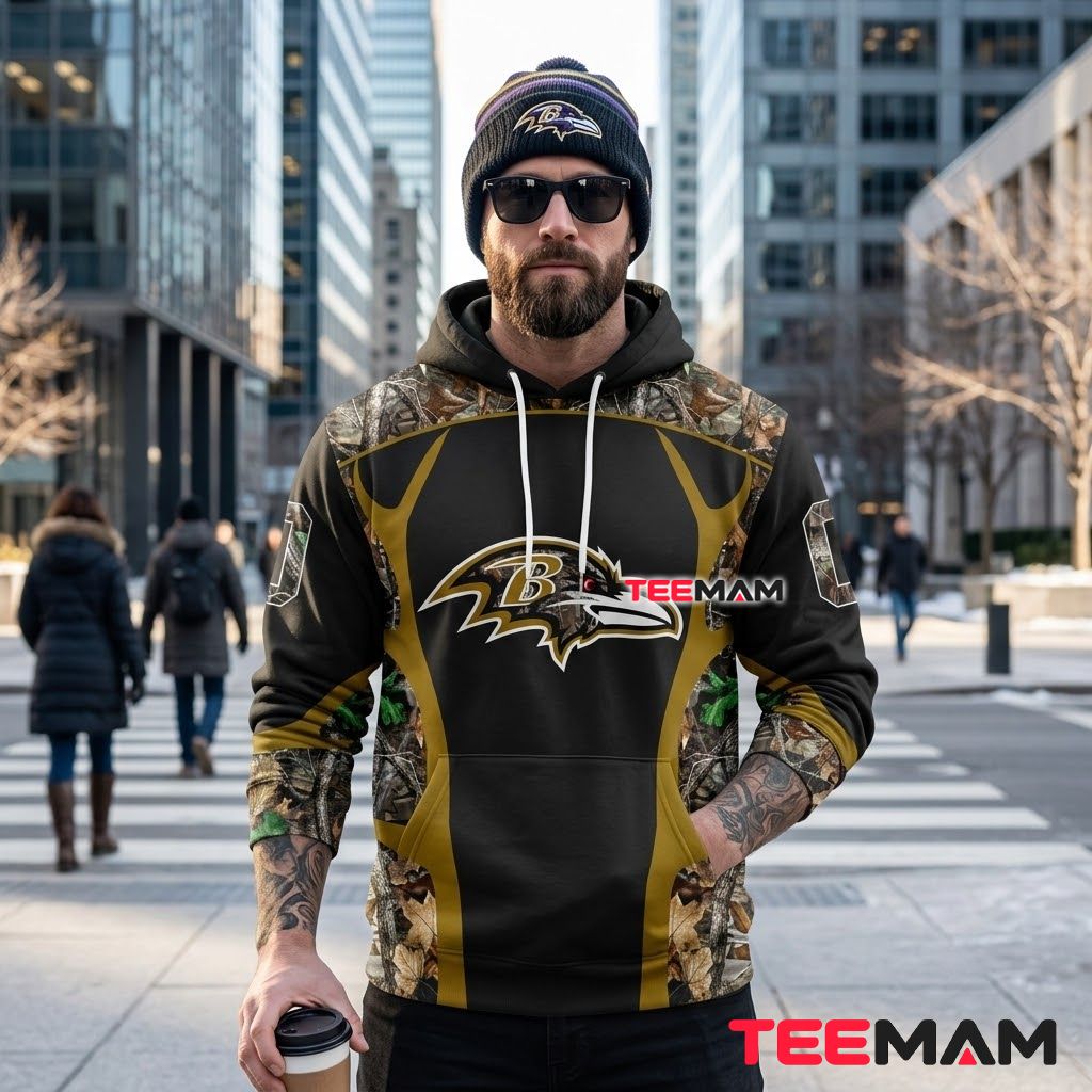 Custom Name Baltimore Ravens 3D Hoodie Realtree Hunting Camo Back Custom Name Baltimore Ravens 3D Hoodie Realtree Hunting Camo Back