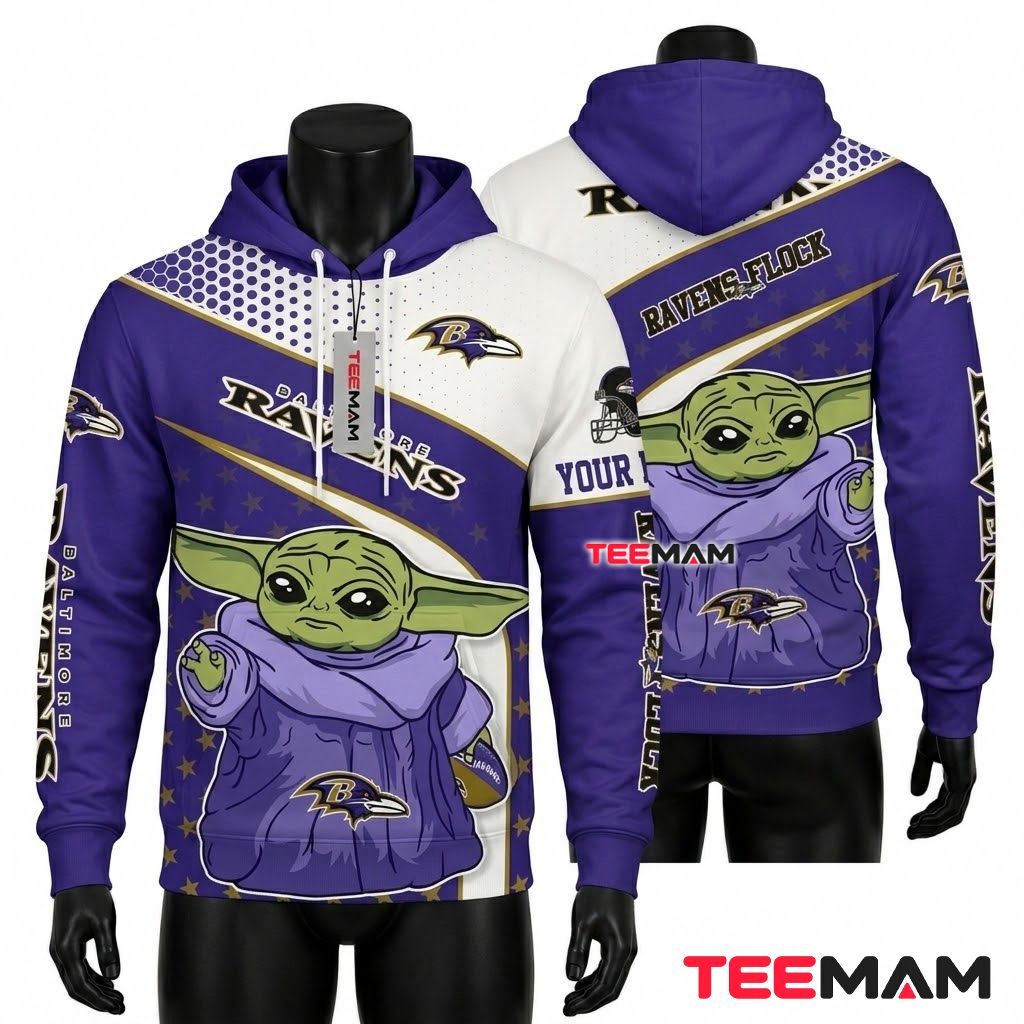 Custom Name Baltimore Ravens All Over Print 3D Hoodie Baby Yoda Star Front