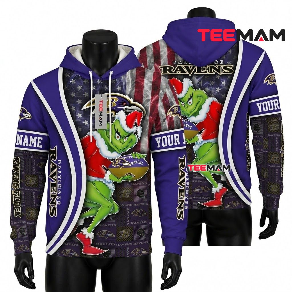 Custom Name Baltimore Ravens All Over Print 3D Hoodie Grinch Football Star Front