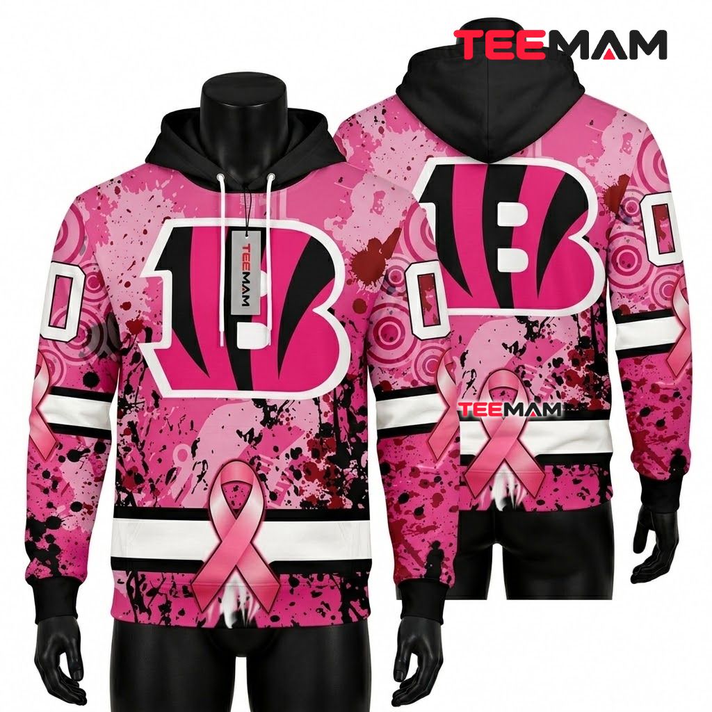 Custom Name Cincinnati Bengals 3D Hoodie Breast Cancer Awareness Front