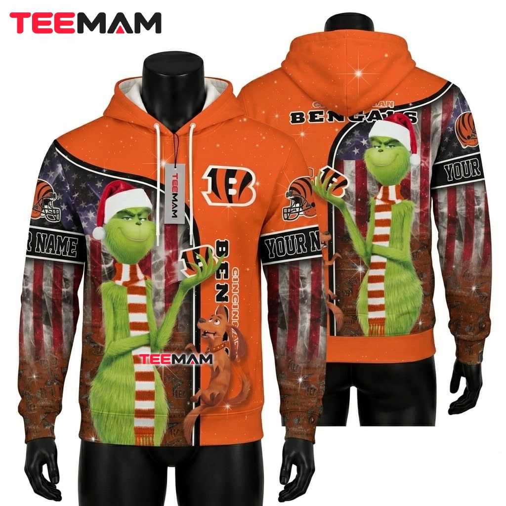 Custom Name Cincinnati Bengals 3D Hoodie Grinch Christmas Flag Front