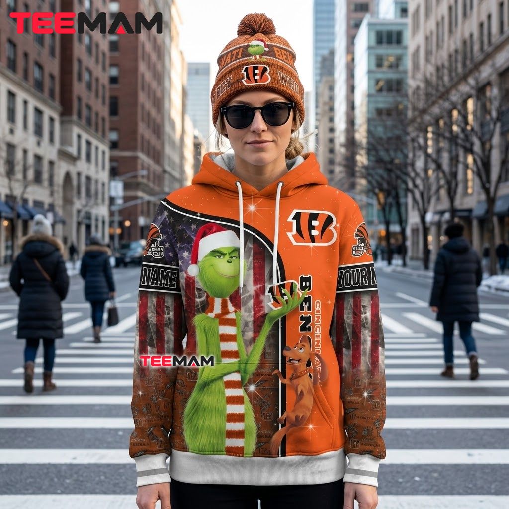 Custom Name Cincinnati Bengals 3D Hoodie Grinch Christmas Flag Back Custom Name Cincinnati Bengals 3D Hoodie Grinch Christmas Flag Back