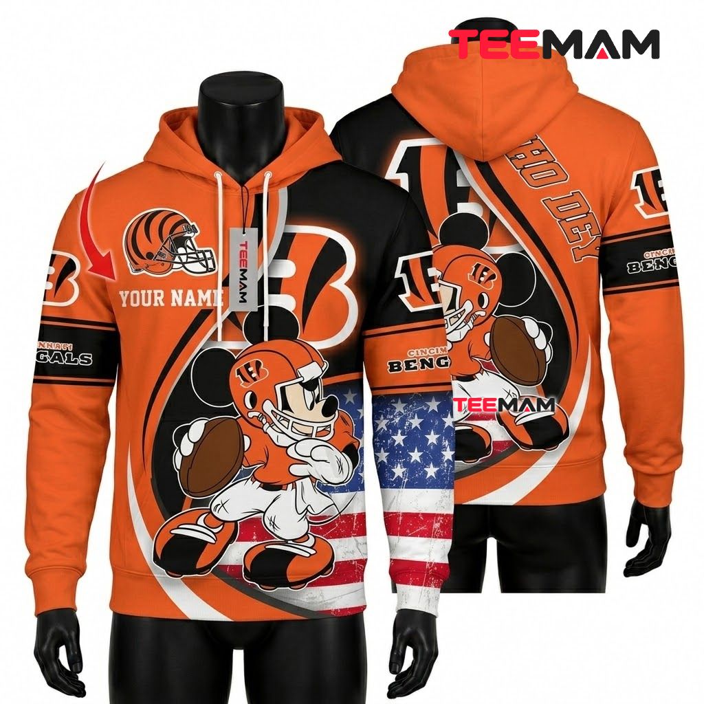 Custom Name Cincinnati Bengals 3D Hoodie Mickey Mouse Football Front