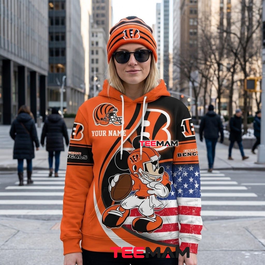 Custom Name Cincinnati Bengals 3D Hoodie Mickey Mouse Football Back Custom Name Cincinnati Bengals 3D Hoodie Mickey Mouse Football Back