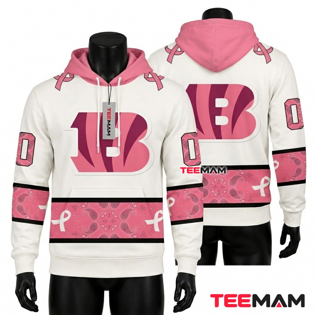 Custom Name Cincinnati Bengals 3D Hoodie Pink Paisley Ribbon Front