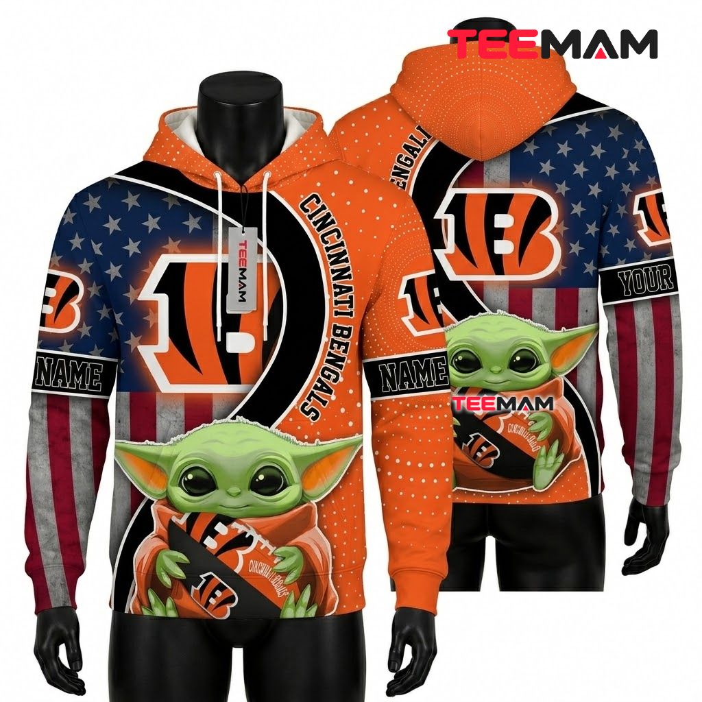 Custom Name Cincinnati Bengals All Over Print 3D Hoodie Baby Yoda Football Front