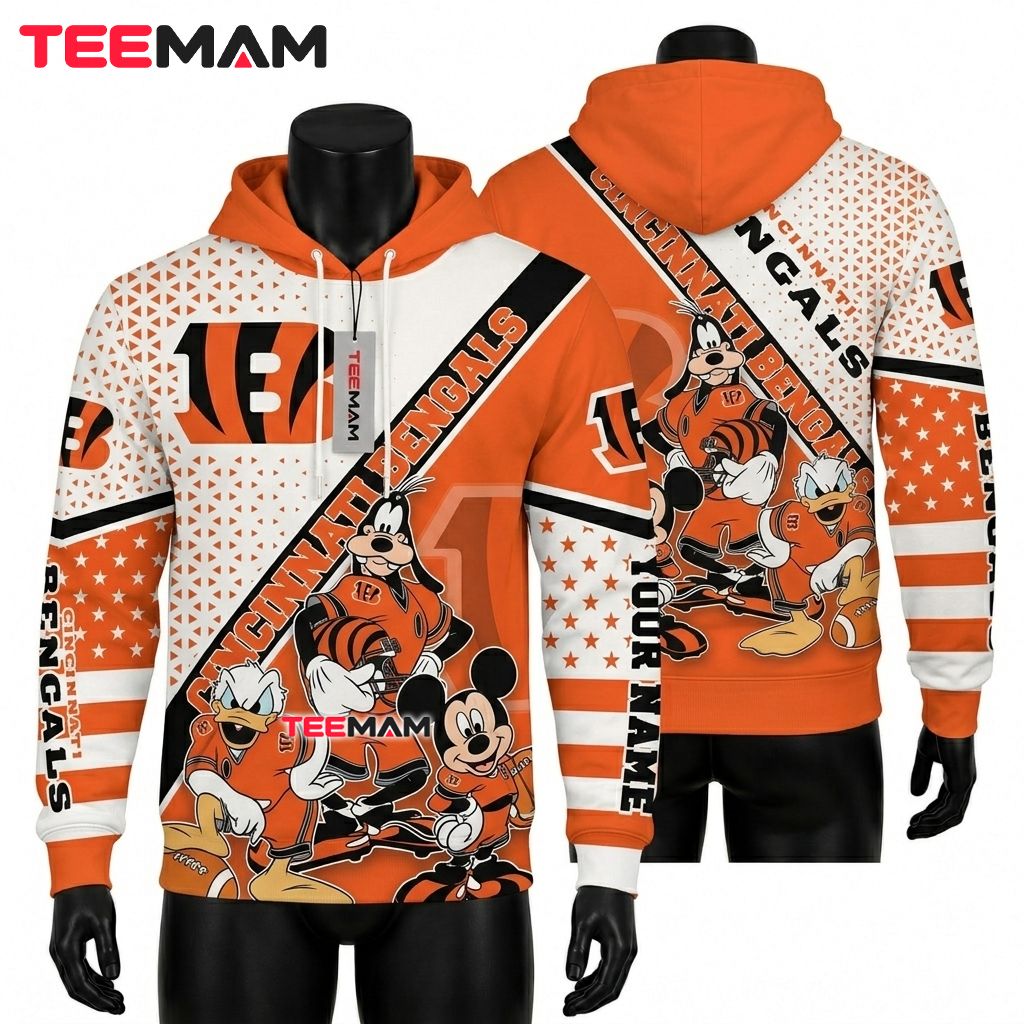 Custom Name Cincinnati Bengals All Over Print 3D Hoodie Mickey Goofy Donald Front