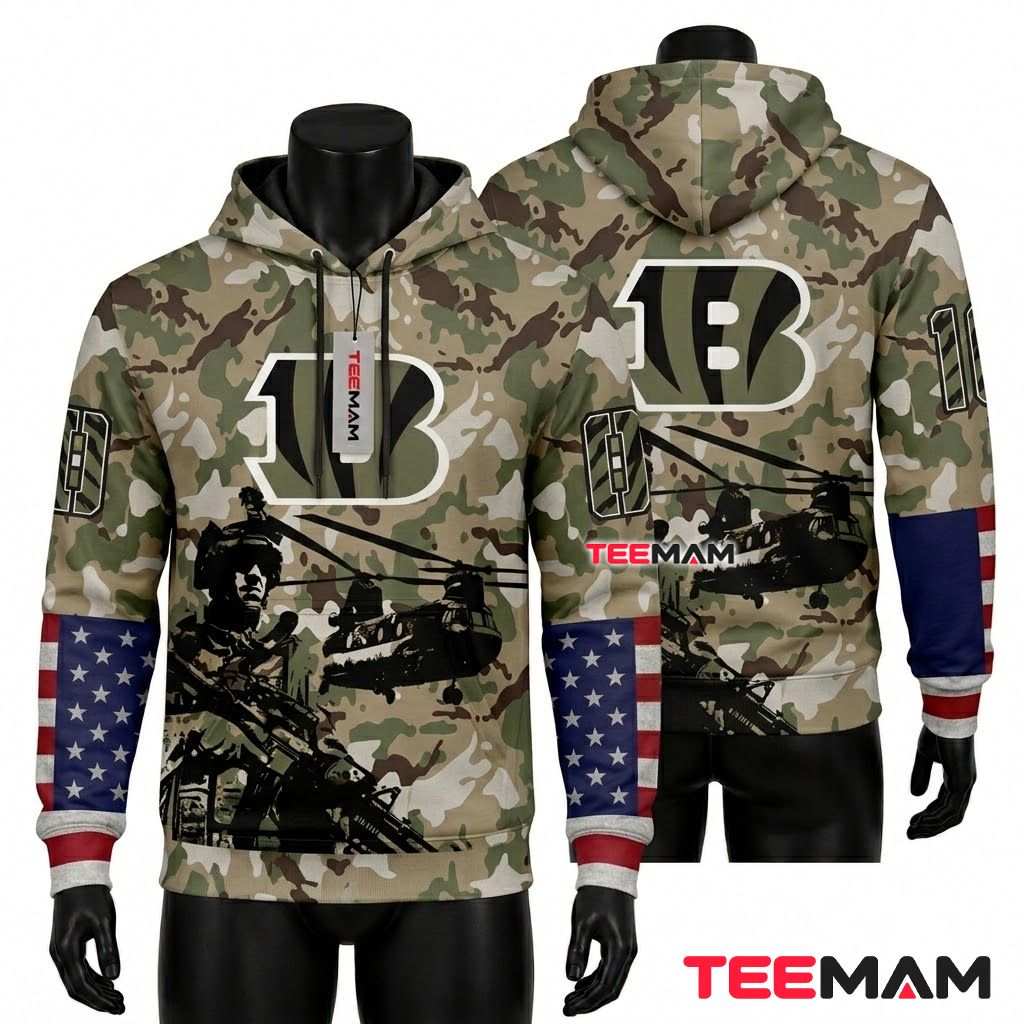 Custom Name Cincinnati Bengals All Over Print 3D Hoodie Military Soldier Helicopter Front