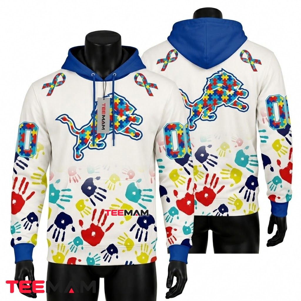 Custom Name Detroit Lions 3D Hoodie Autism Awareness Handprint Front