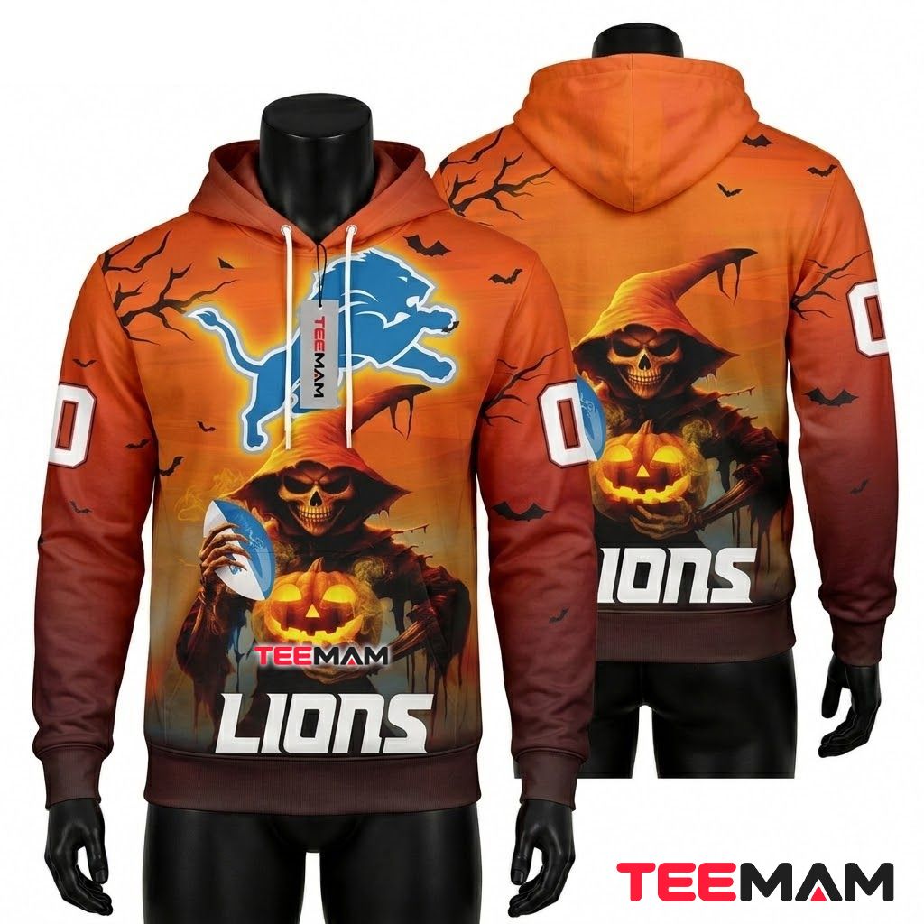 Custom Name Detroit Lions 3D Hoodie Grim Reaper Pumpkin Front