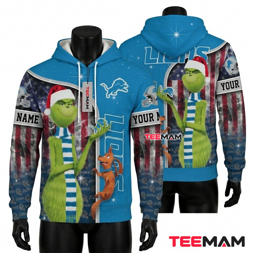 Custom Name Detroit Lions 3D Hoodie Grinch Christmas Flag Front