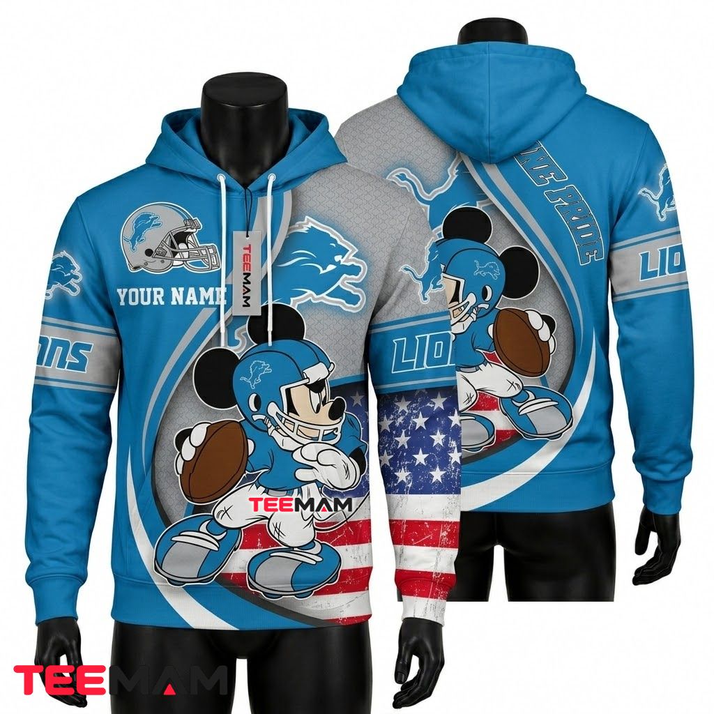Custom Name Detroit Lions 3D Hoodie Mickey Mouse Football Front