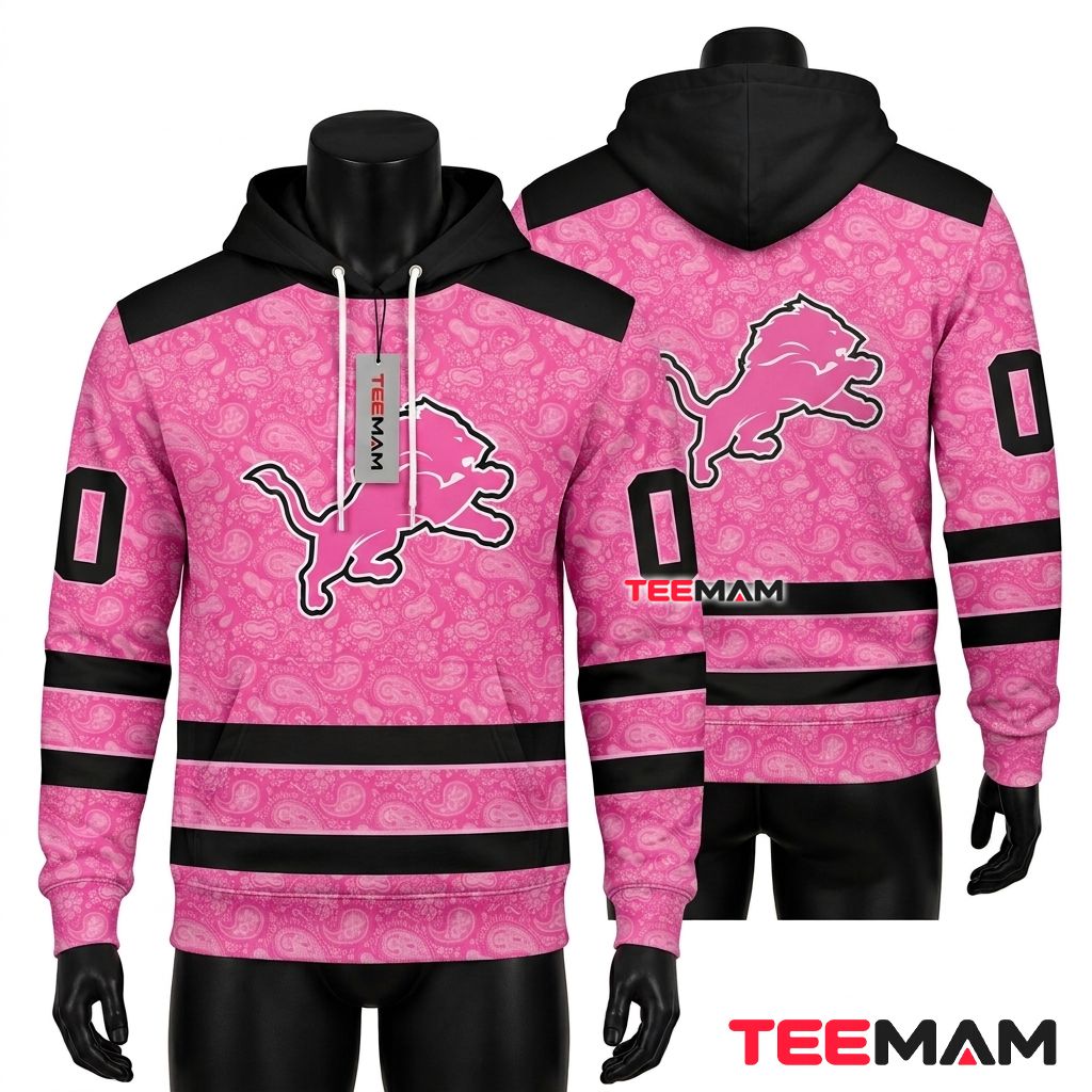 Custom Name Detroit Lions 3D Hoodie Pink Paisley Ribbon Front