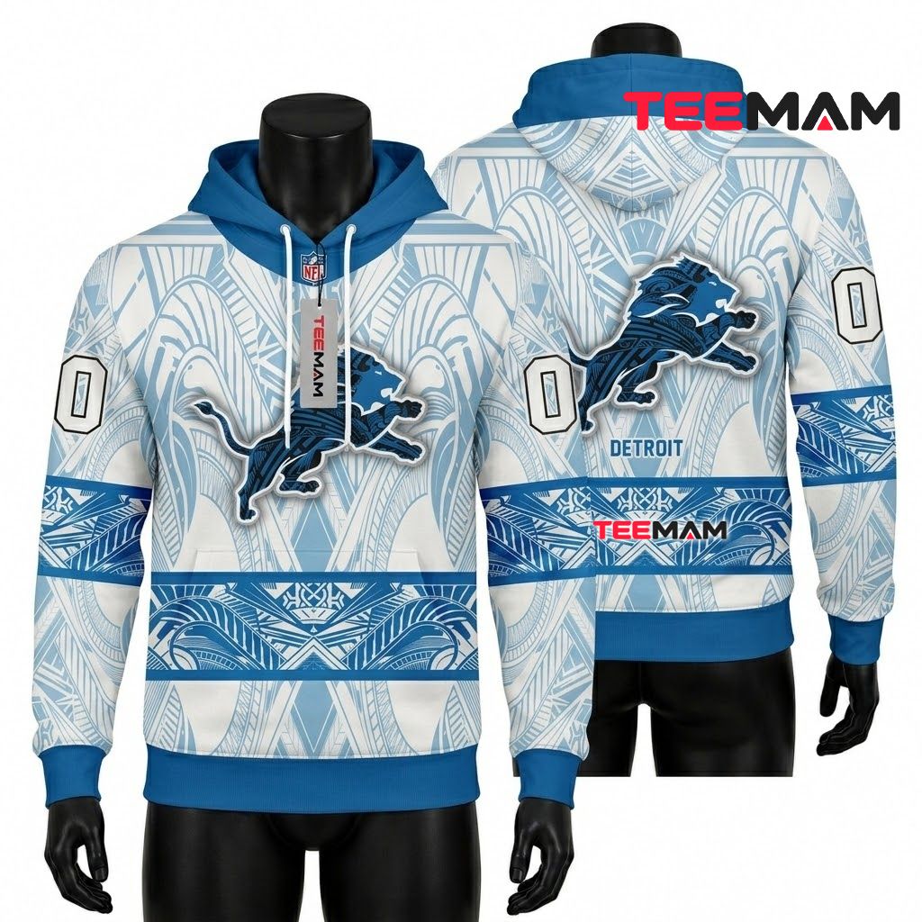 Custom Name Detroit Lions 3D Hoodie Polynesian Tribal Pattern Front